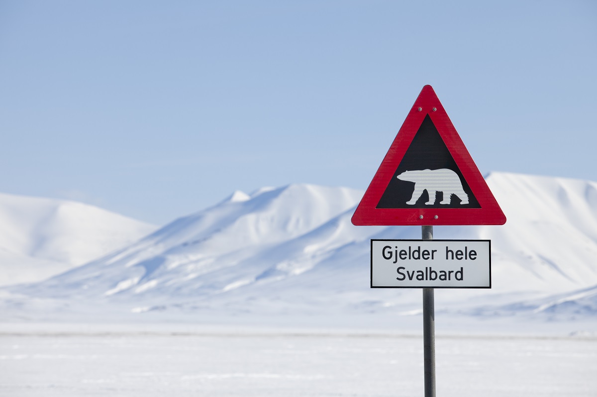 Pas op voor ijsberen in het hele land bord in winters Spitsbergen.