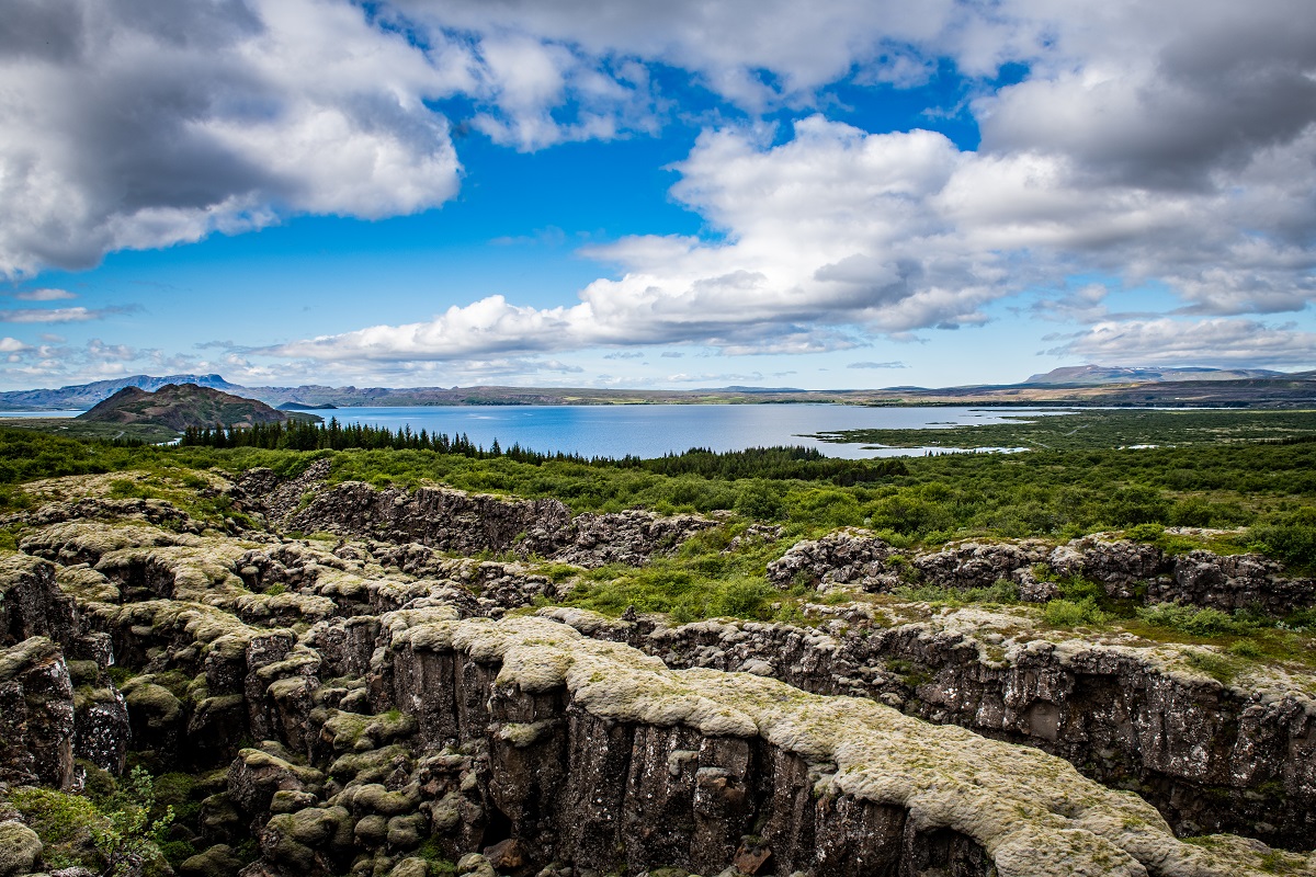 Mooi uitzicht op het meer in Thingvellir, met basaltformaties bedekt met IJslands mos op de voorgrond.