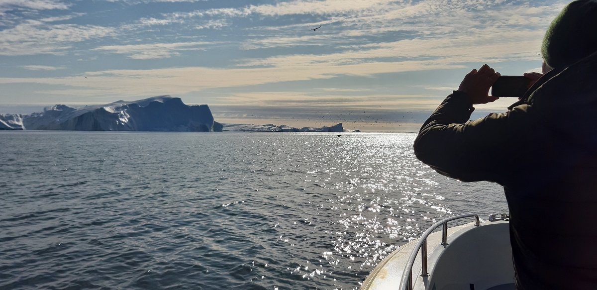 Reiziger is tijdens een boottocht een walvis aan het fotograferen.
