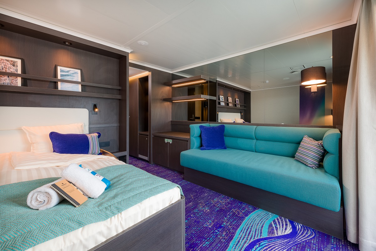 Een grand suite hut aan boord van cruiseschip de Hondius.