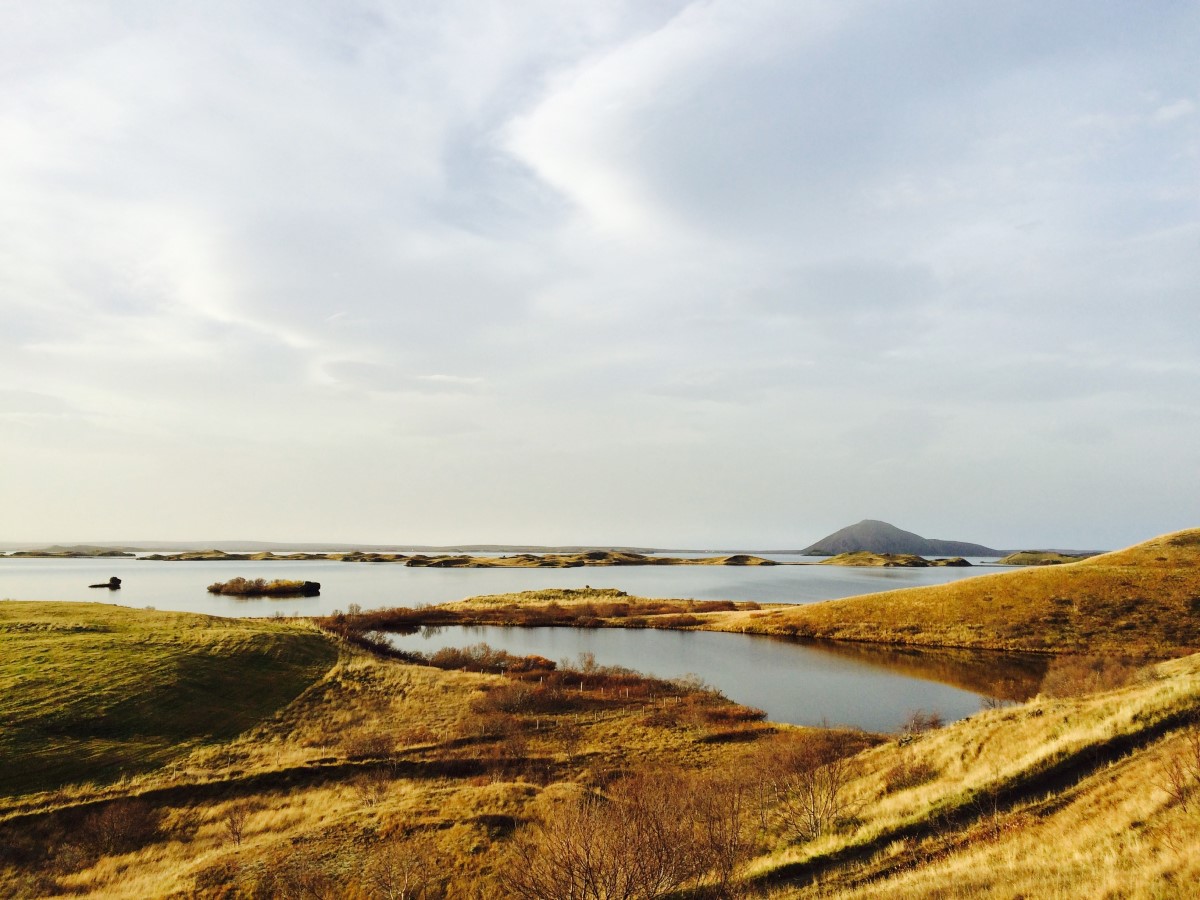 Het uitzicht over het meer van Myvatn, in noord IJsland, vanaf de pseudokraters.