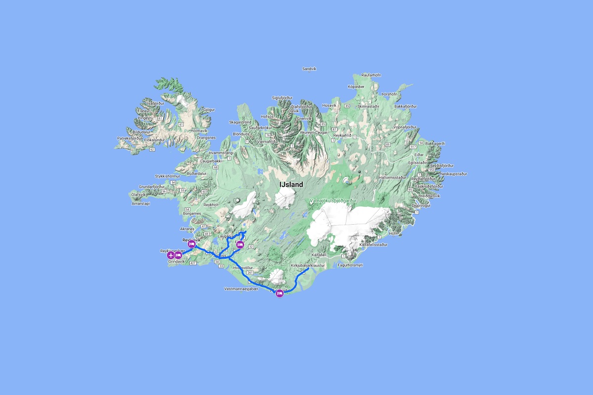 De routekaart van de 5-daagse reis IJsland Korte Fly-Drive